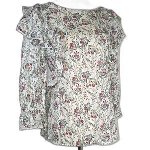 LOFT Scallop Ruffle Sleeve Cotton Floral Blouse Size Medium